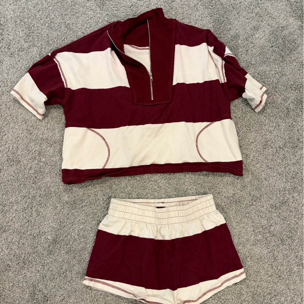 Free People Burgundy and Cream Striped Lounge Set